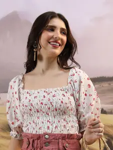 Tokyo Talkies Floral Printed Smocked Regular Top