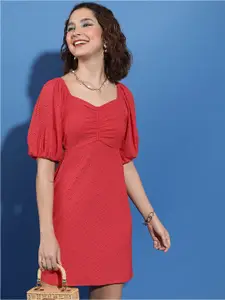 Tokyo Talkies Red Self Designed V-Neck Puff Sleeves Sheath Dress