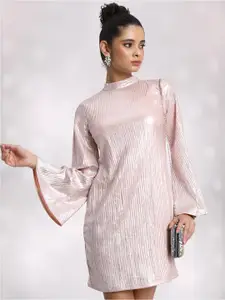 Tokyo Talkies Pink Self Designed Bell Sleeve Sheath Dress