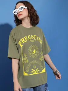 Tokyo Talkies Green Oversized Graphic Printed Drop-Shoulder Sleeves Casual T-shirt