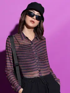 Tokyo Talkies Blue Geometric Printed semi Sheer Ruched Casual Shirt