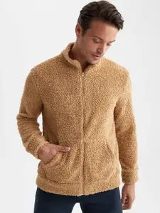 DeFacto Boucle Self Design Mock Collar Front-Open Sweater