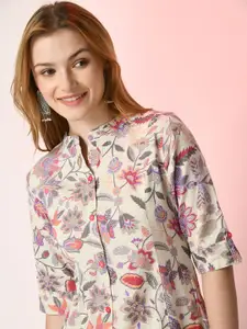 Sangria Off White Floral Printed Mandarin Collar Cotton A-Line Kurta