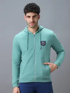 Urbano Fashion Men Solid Applique Hooded Front-Open Sweatshirt