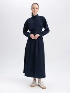 DeFacto Shirt Collar Cuffed Sleeves Belted A-Line Midi Dress