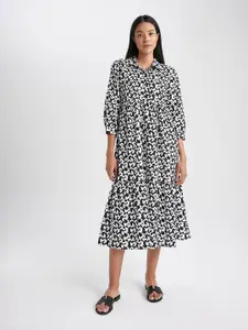 DeFacto Geometric Printed Shirt Collar Tiered Pure Cotton A-Line Midi Dress