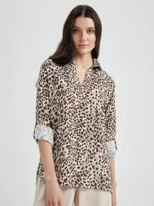 DeFacto Animal Print Roll-Up Sleeves Shirt Style Top