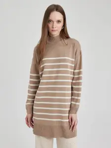 DeFacto Striped Mock Collar Acrylic Longline Pullover Sweater