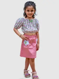 Little Llama Girls Floral Printed Pure Cotton Top with Skirt