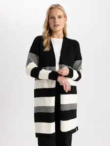DeFacto Striped V-Neck Longline Front-Open Sweater