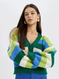 DeFacto Striped V-Neck Cardigan Sweater
