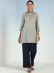 Lakshita Green Floral Embroidered Shirt Collar Thread Work Thread Work Kurti