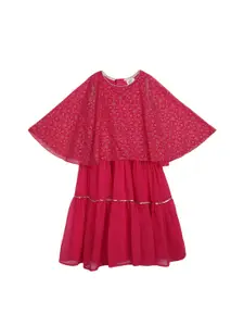 V-Mart Girls Ethnic Motifs Printed Georgette Cape Sleeve Fit & Flare Dress