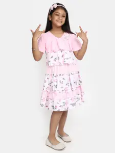 V-Mart Girls Floral Printed V-Neck Layered Cotton A-Line Midi Dress