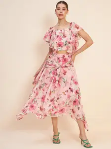 Antheaa Floral Printed Ruffled Crop Top & Skirt