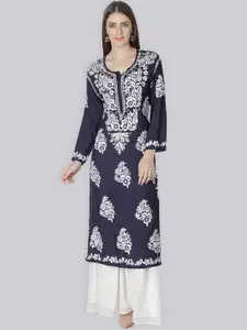 Seva Chikan Floral Embroidered Scoop Neck Chikankari Modal Straight Kurta