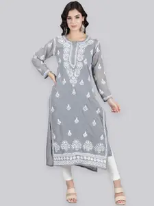 Seva Chikan Ethnic Motifs Embroidered Lucknowi Chikankari Georgette Kurta With Slip