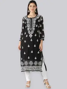 Seva Chikan Ethnic Motifs Embroidered Chikankari Georgette Straight Kurta With Slip