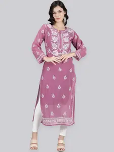 Seva Chikan Ethnic Motifs Embroidered Chikankari Straight Kurta With Slip