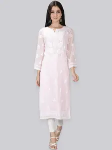 Seva Chikan Floral Embroidered Lucknowi Chikankari Straight Kurta With Inner