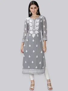Seva Chikan Floral Embroidered Chikankari Georgette Straight Kurta With Slip