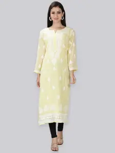Seva Chikan Chikankari Embroidered Round Notched Neck Straight Kurta With Slip