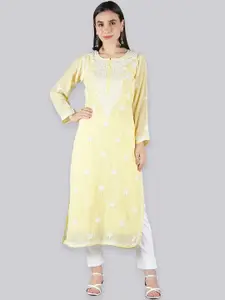 Seva Chikan Floral Embroidered Chikankari Georgette Straight  Kurta With Slip