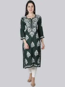 Seva Chikan Chikankari Embroidered Round Notched Neck Straight Kurta