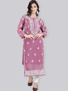 Seva Chikan Ethnic Motifs Embroidered Chikankari Straight Georgette Kurta With Slip