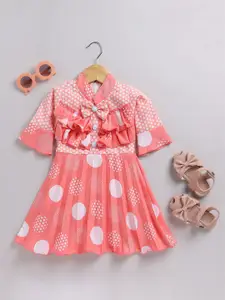 BAESD Polka Dots Printed Tie-Up Neck Bell Sleeves Fit & Flare Dress