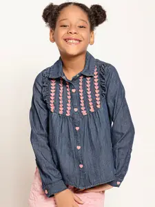 One Friday Girls Floral Embroidered Relaxed Semi Sheer Casual Shirt