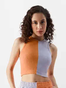 The Souled Store Blue Colourblocked Pure Cotton Fitted Crop Top