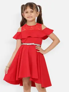 Nauti Nati Girls Cold Shoulder Sleeves Belted Fit & Flare Dress
