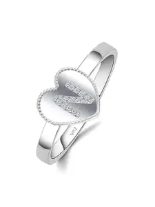 Vighnaharta Rhodium-Plated CZ-Stone Studded N Letter Heart-Shaped Finger Ring