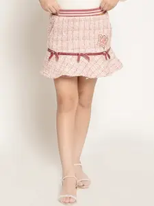 One Friday Girls Checked Bow-Detailed Flared Peplum Mini Skirt