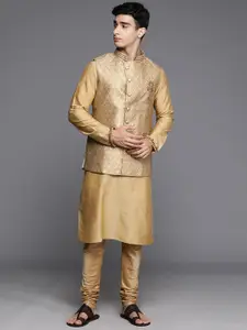 Manu Thread Work Kurta with Churidar & Woven Design Nehru Jacket