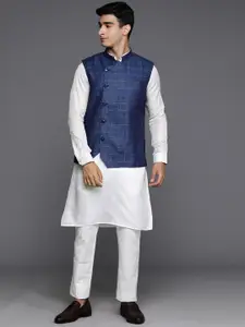 Manu Pure Cotton Kurta with Pyjamas & Checked Nehru Jacket