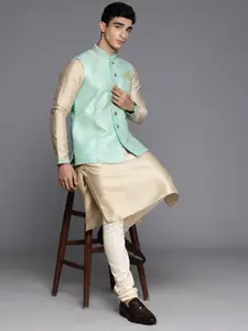 Manu Men Solid Mandarin Collar Kurta With Churidar & Embroidered Nehru Jacket