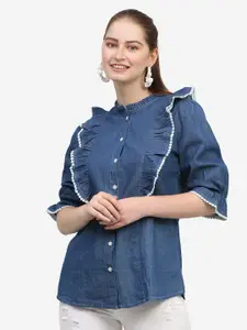SUMAVI-FASHION Spread Collar Denim Casual Shirt