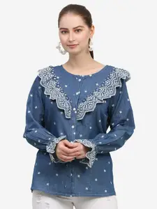 SUMAVI-FASHION Floral Embroidered Ruffled Cotton Denim Shirt Style Top