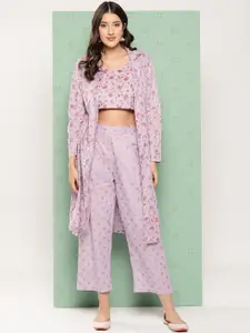 Yufta Women Printed Cotton Top with Trousers with Shrug