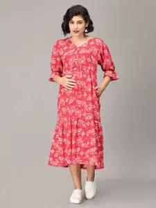 The Mom Store Floral Printed A-Line Cotton Midi Maternity Dress