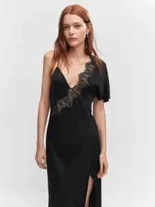MANGO Lace Insert One Shoulder Satin Open-Back Maxi Dress
