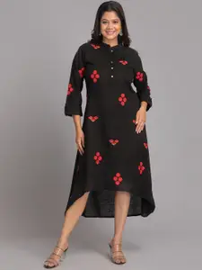 SUTI Floral Embroidered High Low Band Collar Cotton Fit & Flare Dress