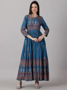 DRESSAR Ethnic Motifs Printed Round Neck Gathered Fit & Flare Maxi Ethnic Dress