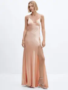 MANGO Thigh-High Slit Detail Satin Maxi Dress