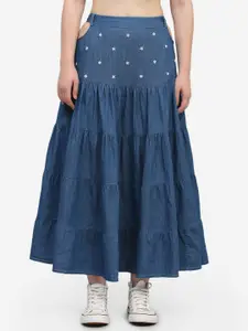 SUMAVI-FASHION Floral Embroidered Denim Tiered Maxi Skirt