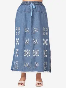 SUMAVI-FASHION Embroidered Denim Flared Maxi Skirt