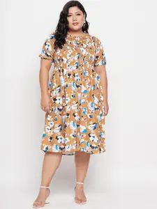 NABIA Plus Size Floral Printed Smocking Flared Fit and Flare Dress
