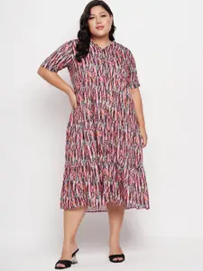 NABIA Plus Size Abstract Printed V-Neck Flared Tiered A-Line Midi Dress